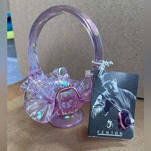 Fenton Iridescent Pink Glass Basket With Handle